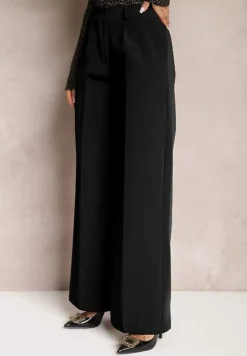 Czarne Szerokie Spodnie High Waist z Gumką w Pasie Eternel