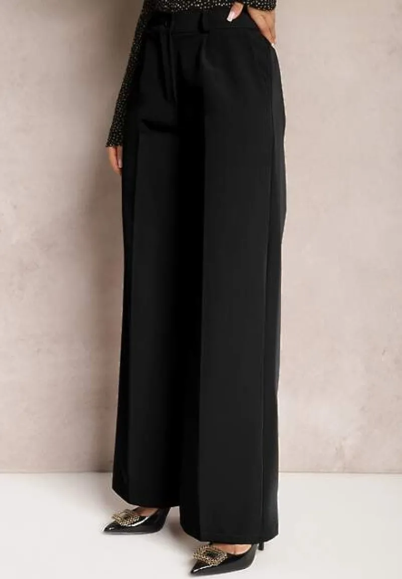 Czarne Szerokie Spodnie High Waist z Gumką w Pasie Eternel