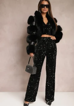 Czarne Szerokie Spodnie w Cekiny z Welurowej Tkaniny Naress