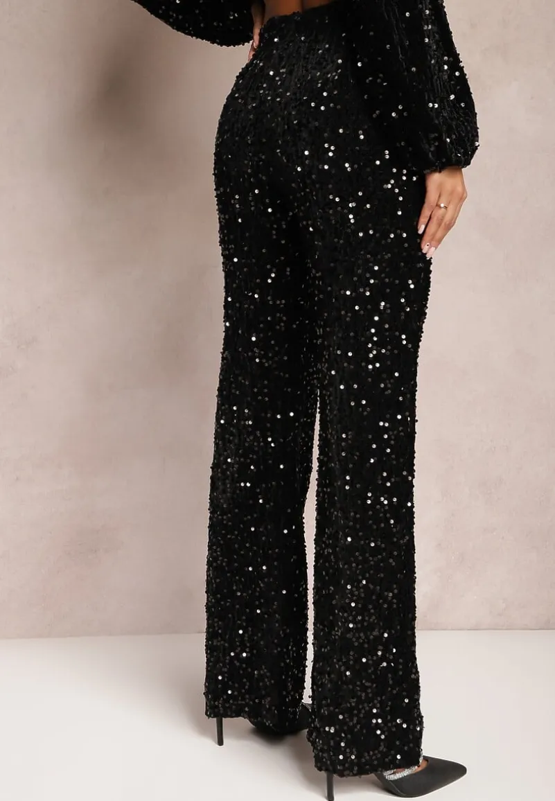 Czarne Szerokie Spodnie w Cekiny z Welurowej Tkaniny Naress