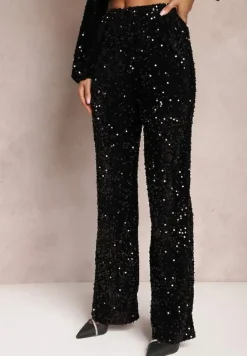 Czarne Szerokie Spodnie w Cekiny z Welurowej Tkaniny Naress