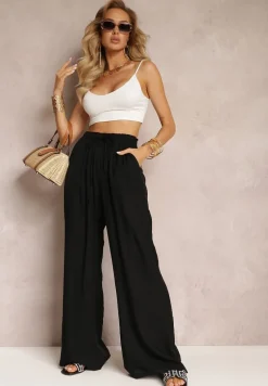 Czarne Szerokie Spodnie z Wiskozy i Gumką w Pasie Abyga
