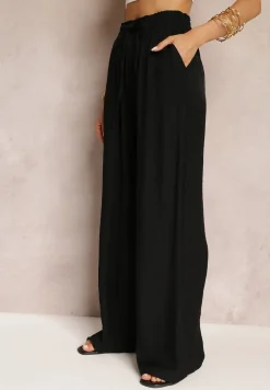 Czarne Szerokie Spodnie z Wiskozy i Gumką w Pasie Abyga