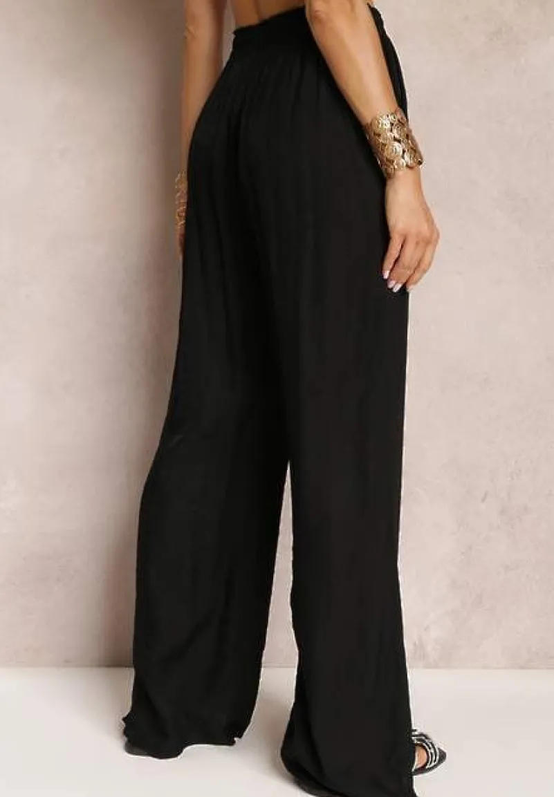 Czarne Szerokie Spodnie z Wiskozy i Gumką w Pasie Abyga