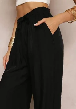 Czarne Szerokie Spodnie z Wiskozy i Gumką w Pasie Abyga