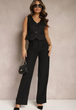 Czarne Szerokie Spodnie z Zapięciem na Haczyk Brutris