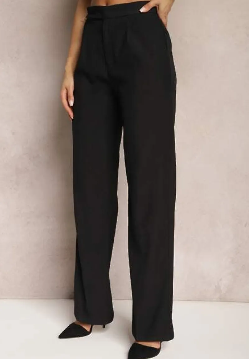 Czarne Szerokie Spodnie z Zapięciem na Haczyk Brutris