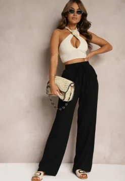 Czarne Szerokie Spodnie z Wiskozy z Dodatkiem Lnu Delsira
