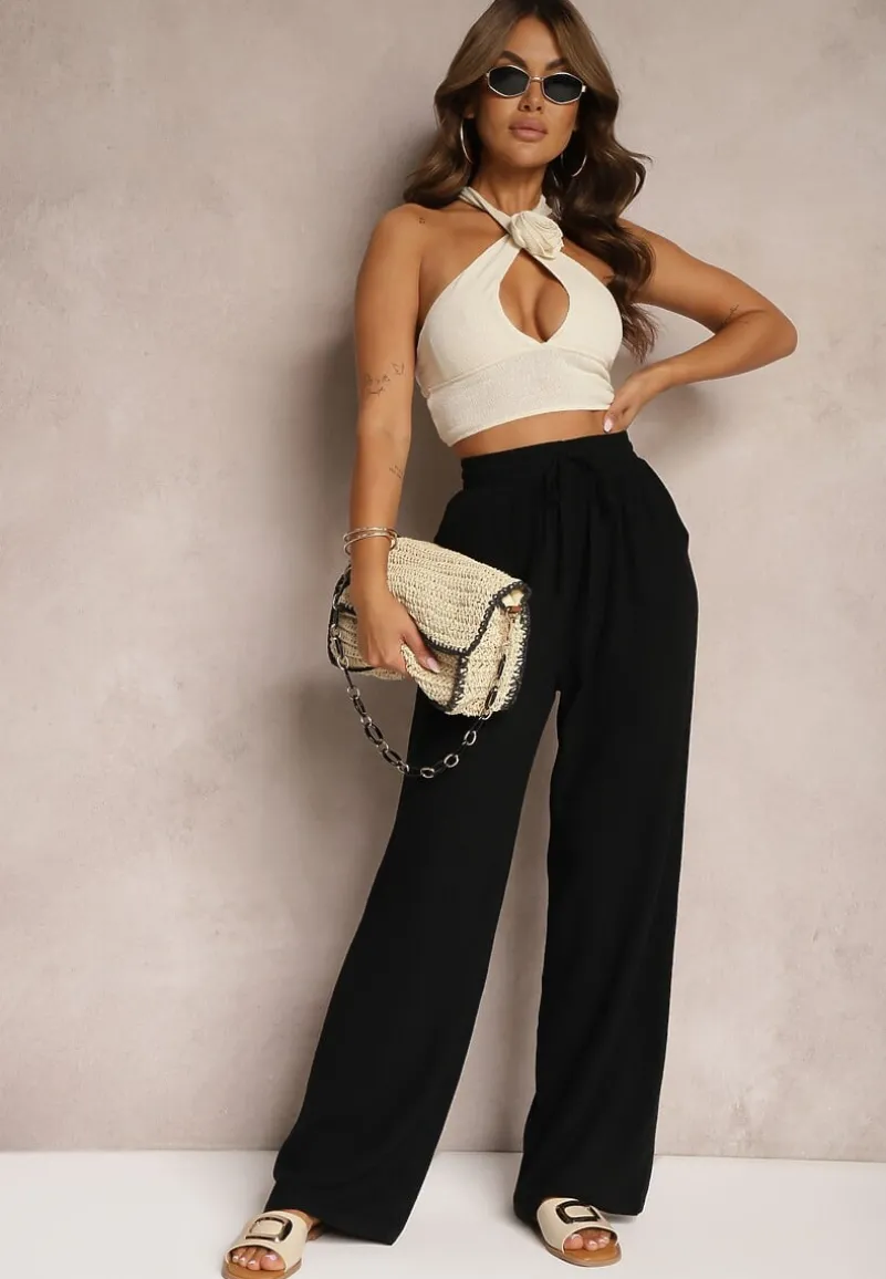 Czarne Szerokie Spodnie z Wiskozy z Dodatkiem Lnu Delsira