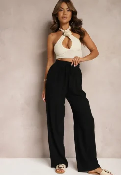 Czarne Szerokie Spodnie z Wiskozy z Dodatkiem Lnu Delsira