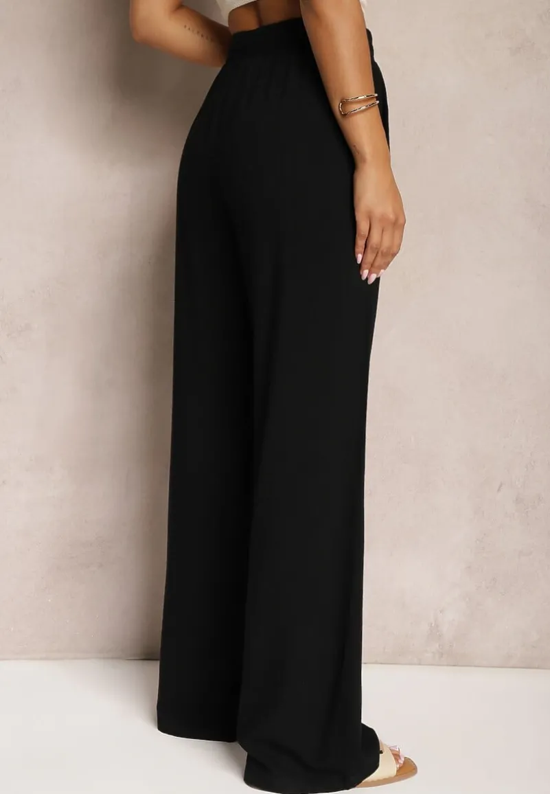 Czarne Szerokie Spodnie z Wiskozy z Dodatkiem Lnu Delsira