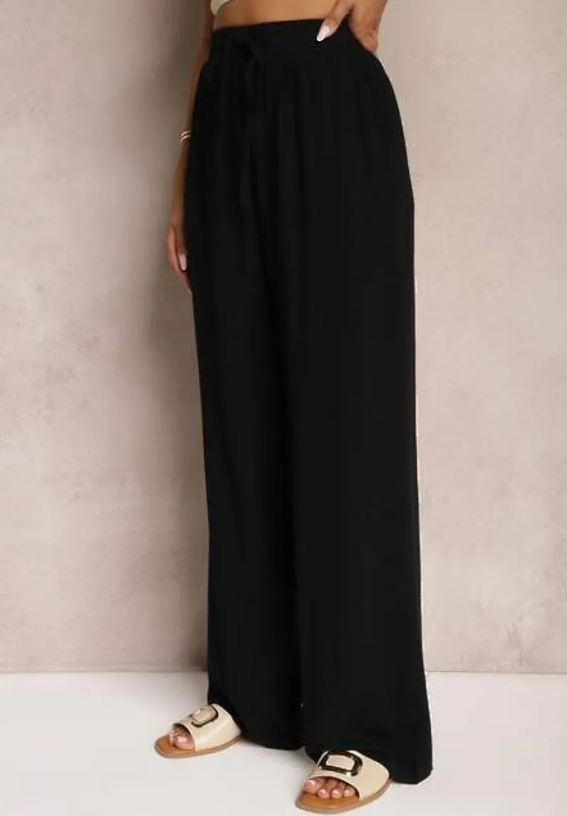 Czarne Szerokie Spodnie z Wiskozy z Dodatkiem Lnu Delsira
