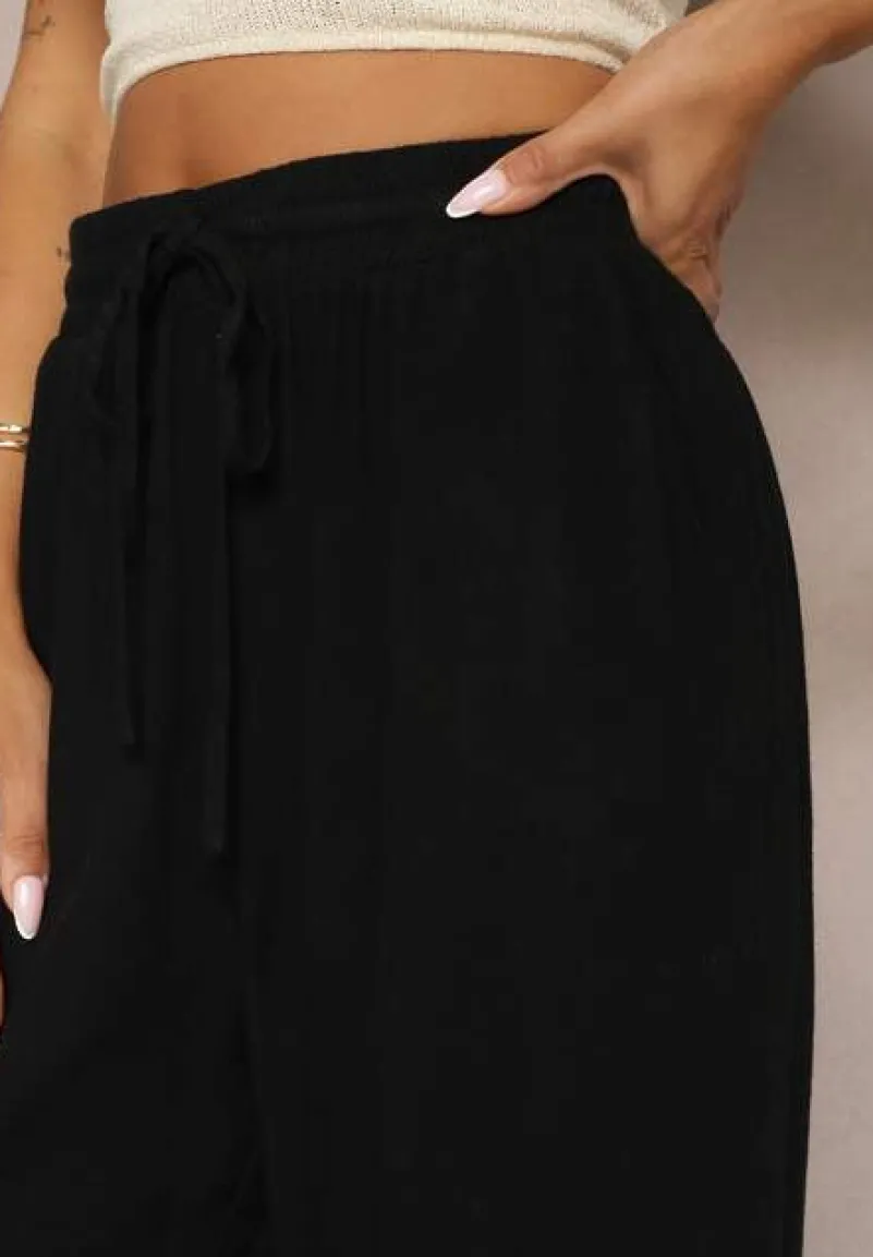 Czarne Szerokie Spodnie z Wiskozy z Dodatkiem Lnu Delsira