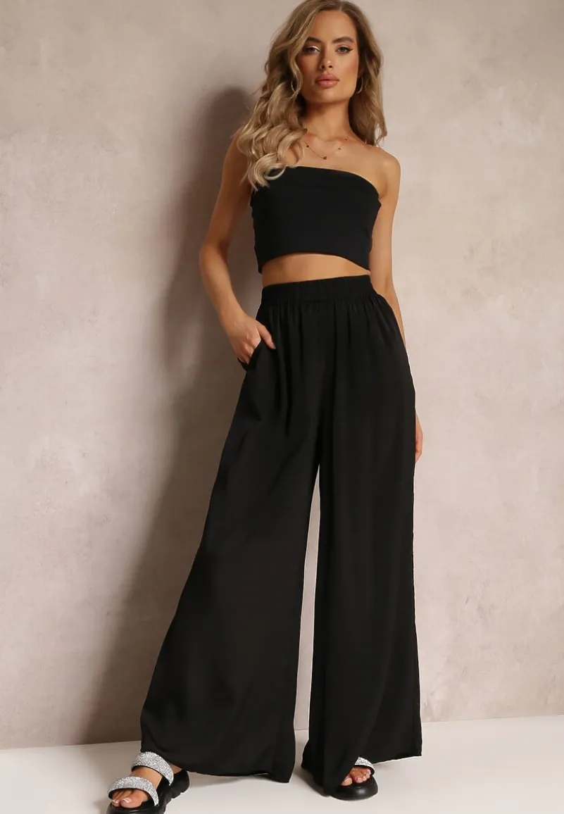 Czarne Szerokie Spodnie z Gumką w Talii Carleny