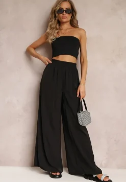 Czarne Szerokie Spodnie z Gumką w Talii Carleny