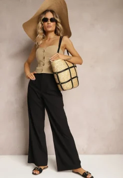 Czarne Szerokie Spodnie z Wysokim Stanem z Bawełny Henve