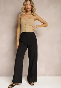 Czarne Szerokie Spodnie z Wysokim Stanem z Bawełny Henve