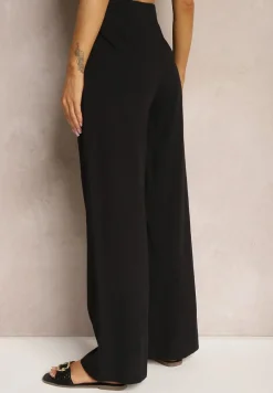 Czarne Szerokie Spodnie z Wysokim Stanem z Bawełny Henve