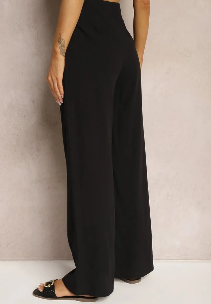 Czarne Szerokie Spodnie z Wysokim Stanem z Bawełny Henve