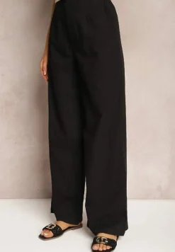 Czarne Szerokie Spodnie z Wysokim Stanem z Bawełny Henve