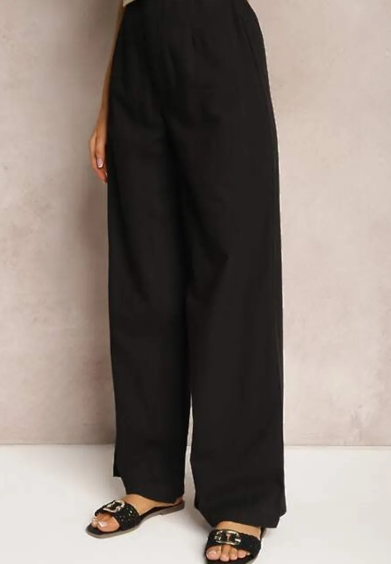 Czarne Szerokie Spodnie z Wysokim Stanem z Bawełny Henve