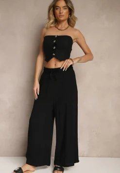 Czarne Szerokie Spodnie z Wiskozy ze Sznurkiem Natisetia