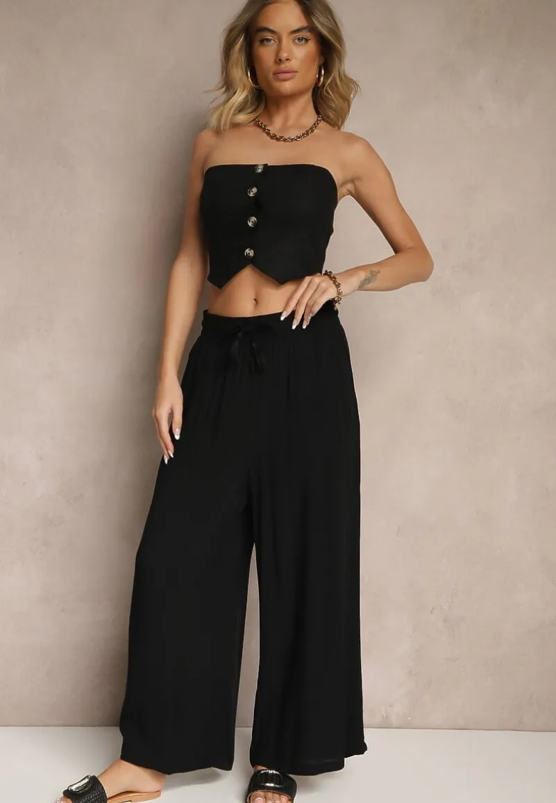 Czarne Szerokie Spodnie z Wiskozy ze Sznurkiem Natisetia