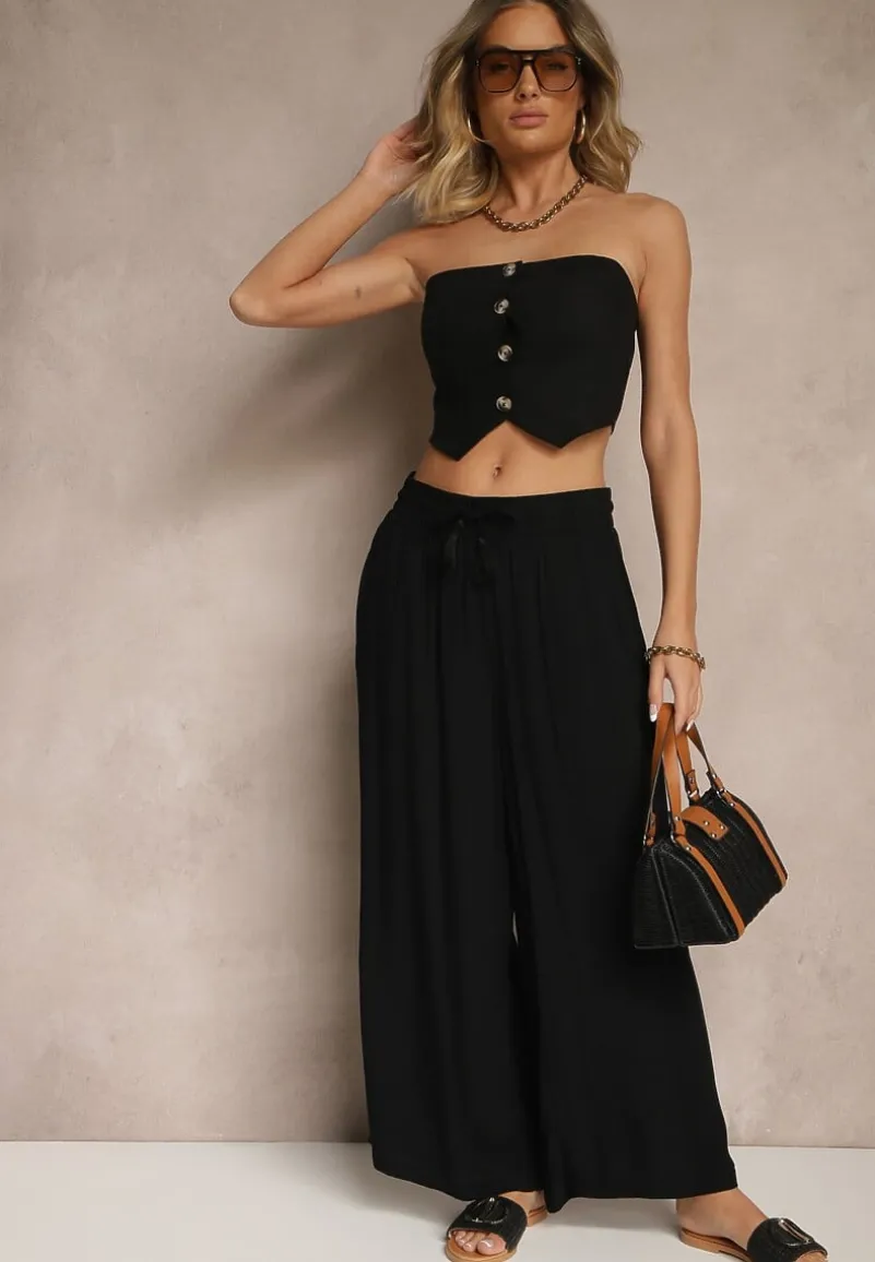 Czarne Szerokie Spodnie z Wiskozy ze Sznurkiem Natisetia