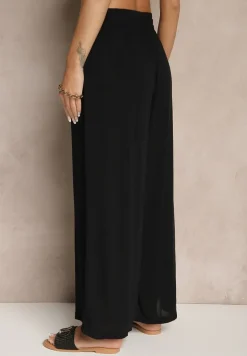 Czarne Szerokie Spodnie z Wiskozy ze Sznurkiem Natisetia