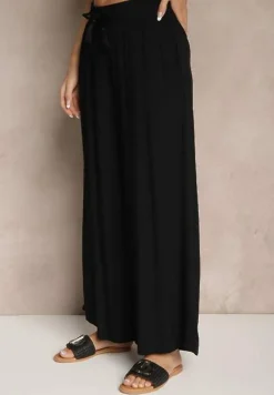 Czarne Szerokie Spodnie z Wiskozy ze Sznurkiem Natisetia