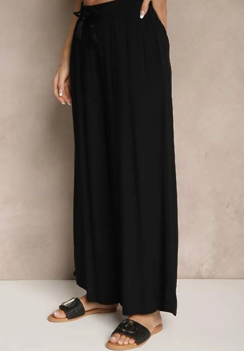 Czarne Szerokie Spodnie z Wiskozy ze Sznurkiem Natisetia