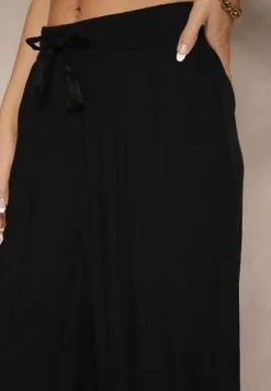 Czarne Szerokie Spodnie z Wiskozy ze Sznurkiem Natisetia