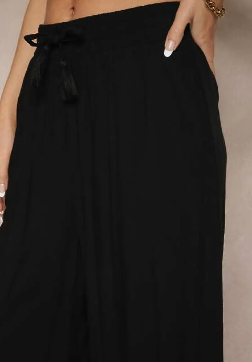 Czarne Szerokie Spodnie z Wiskozy ze Sznurkiem Natisetia