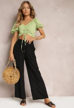 Czarne Szerokie Spodnie z Gumką i Wiązaniem w Pasie Gamina