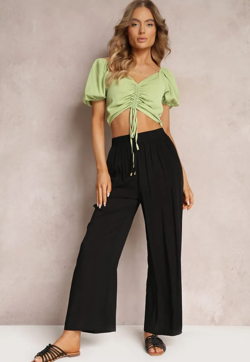 Czarne Szerokie Spodnie z Gumką i Wiązaniem w Pasie Gamina