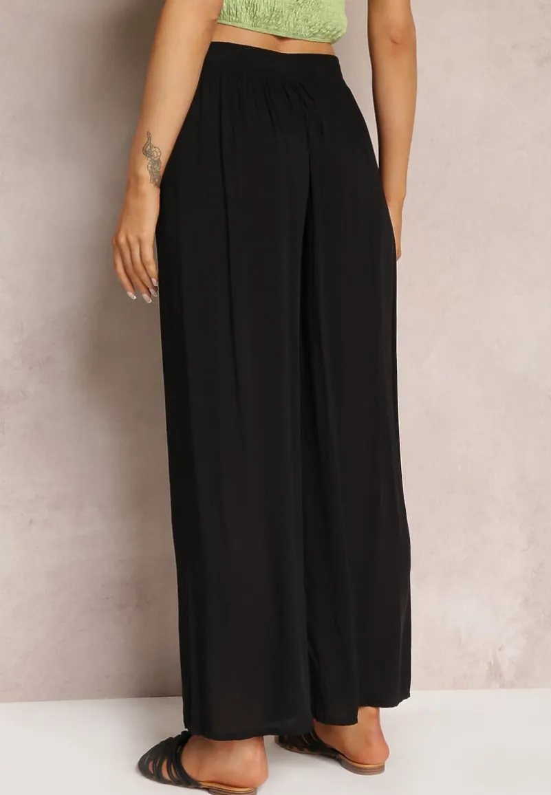 Czarne Szerokie Spodnie z Gumką i Wiązaniem w Pasie Gamina
