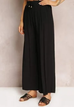 Czarne Szerokie Spodnie z Gumką i Wiązaniem w Pasie Gamina