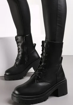 Czarne Sznurowane Botki z Imitacji Skóry na Podeszwie z Platformą i Żłobieniami Zaran