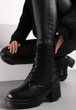 Czarne Sznurowane Botki z Imitacji Skóry na Podeszwie z Platformą i Żłobieniami Zaran