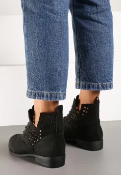 Czarne Sznurowane Botki ze Skórzaną Wkładką Ażurową Cholewką za Kostkę i Wycięciem Tlixa