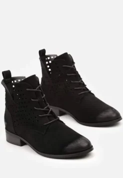 Czarne Sznurowane Botki ze Skórzaną Wkładką Ażurową Cholewką za Kostkę i Wycięciem Tlixa