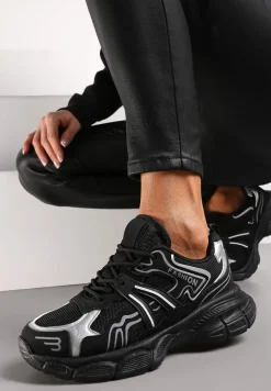 Czarne Sznurowane Buty Sportowe na Płaskiej Podeszwie z Siateczką i Ozdobnymi Wstawkami Bellaraz