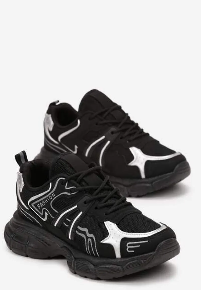 Czarne Sznurowane Buty Sportowe na Płaskiej Podeszwie z Siateczką i Ozdobnymi Wstawkami Bellaraz