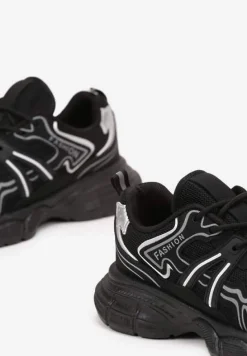 Czarne Sznurowane Buty Sportowe na Płaskiej Podeszwie z Siateczką i Ozdobnymi Wstawkami Bellaraz