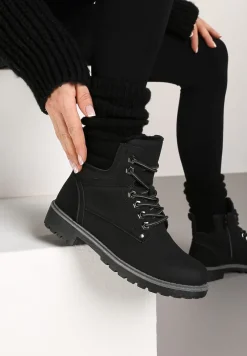 Czarne Sznurowane Casualowe Traperki na Płaskiej Podeszwie Relobia