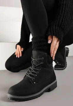 Czarne Sznurowane Casualowe Traperki na Płaskiej Podeszwie Relobia