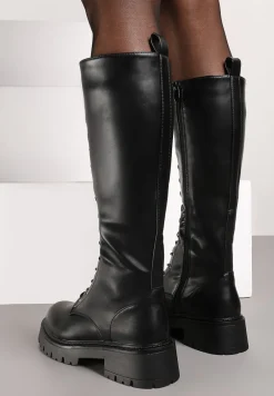 Czarne Sznurowane Kozaki na Platformie z Tłoczeniem w Stylu Workerów Izalita