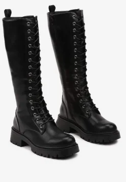 Czarne Sznurowane Kozaki na Platformie z Tłoczeniem w Stylu Workerów Izalita