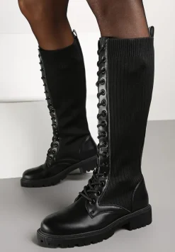 Czarne Sznurowane Kozaki z Prążkowaną Dzianinową Cholewką Florinissa