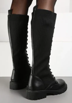 Czarne Sznurowane Kozaki z Prążkowaną Dzianinową Cholewką Florinissa